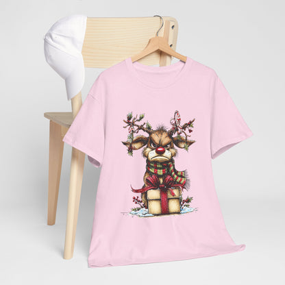 Grumpy Red-Nose Reindeer Shirt - Funny Christmas Reindeer with Gift & Plaid Scarf Tee, Sarcastic Holiday T-Shirt, Cozy Winter Gift