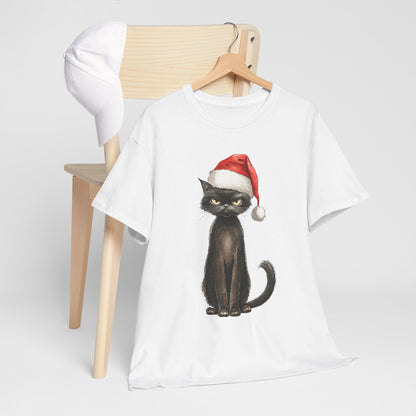 Christmas Black Cat Shirt - Funny Moody Kitty in Santa Hat Tee, Watercolor Holiday T-Shirt, Sarcastic Xmas Gift for Cat Lovers Men & Women