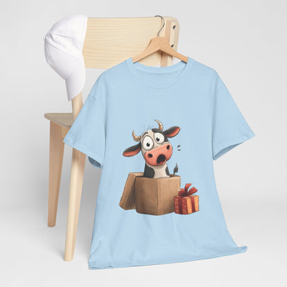 Cow in a Gift Box Shirt - Funny Christmas Surprise Moo Tee, Cute Cartoon Dairy Cow T-Shirt with Present and Bow