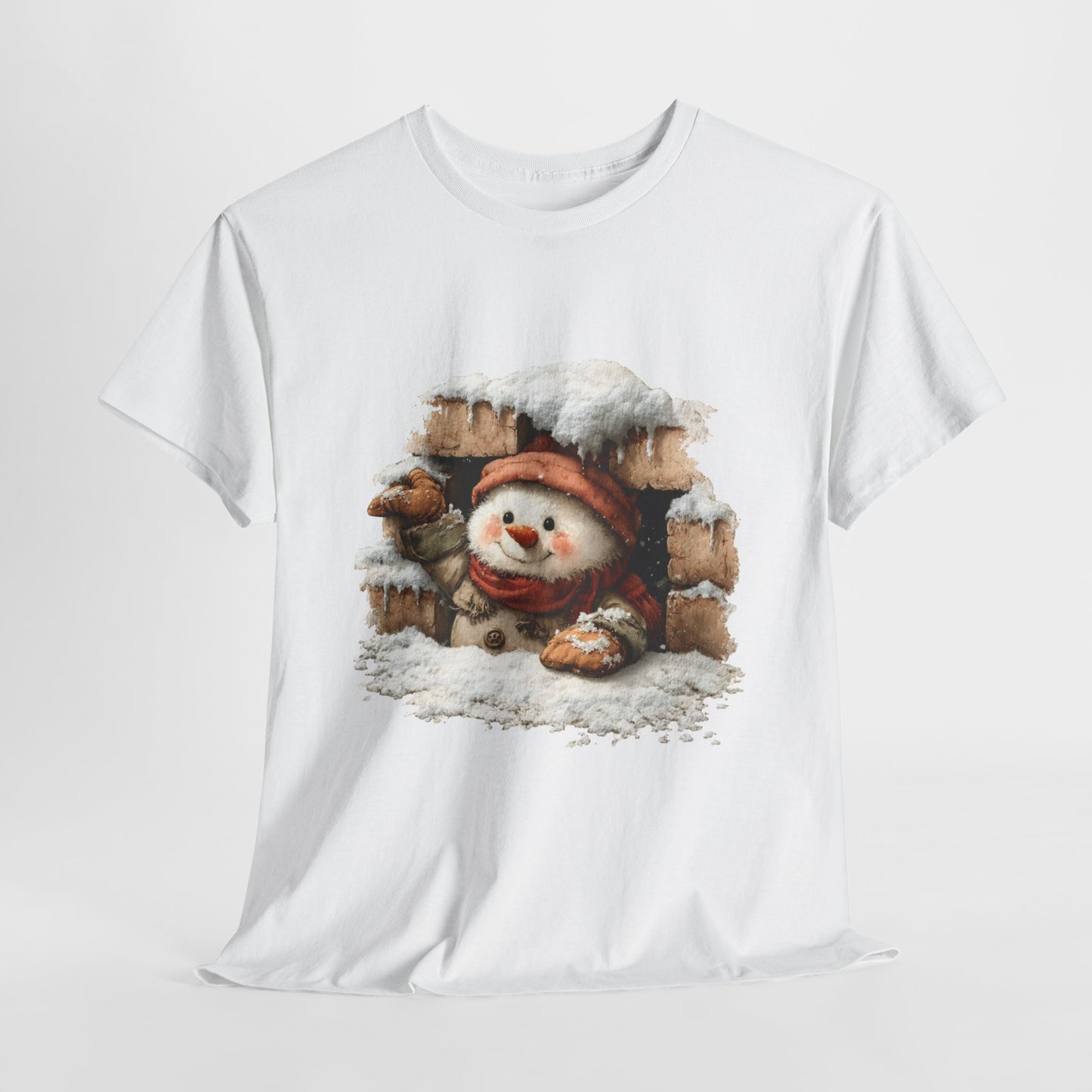Peeking Snowman Window Shirt - Cute Snowy Brick Window Snowman Tee, Beanie & Scarf Cozy Christmas T-Shirt, Rustic Holiday Gift