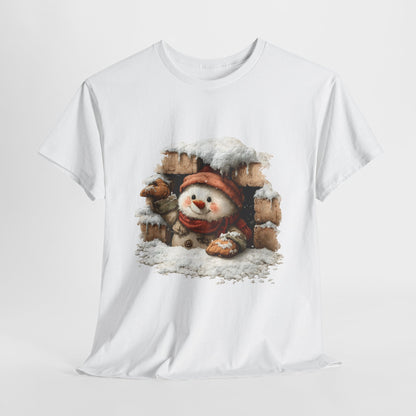 Peeking Snowman Window Shirt - Cute Snowy Brick Window Snowman Tee, Beanie & Scarf Cozy Christmas T-Shirt, Rustic Holiday Gift