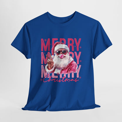 Cool Santa Bubblegum Shirt - Pink Merry Christmas Aesthetic Tee, Retro Peace Sign Santa T-Shirt, Funny Holiday Gift for Women & Men