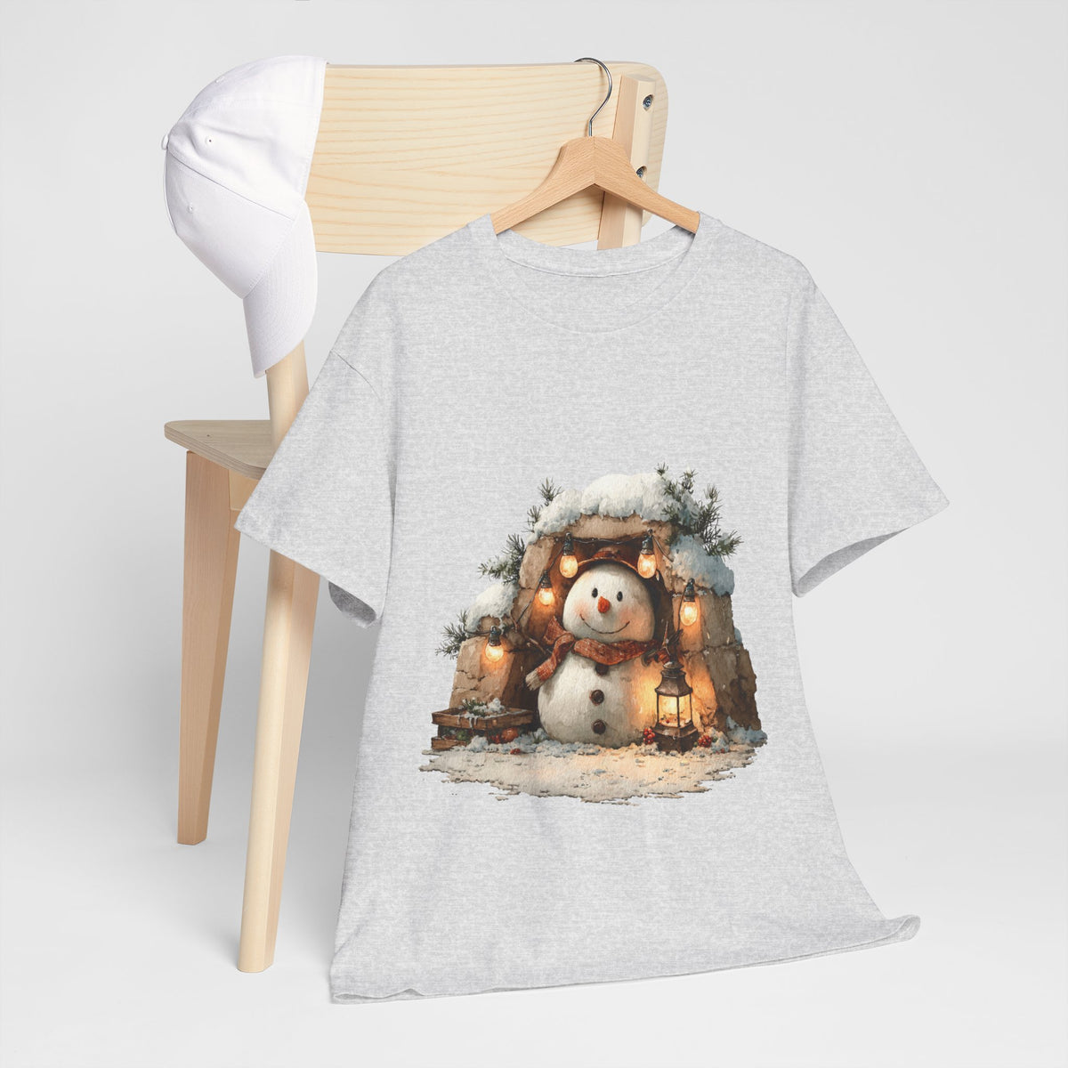 Cozy Lantern Snowman Shirt - Rustic Christmas Snowman with String Lights Tee, Winter Cabin Aesthetic T-Shirt, Cute Holiday Gift