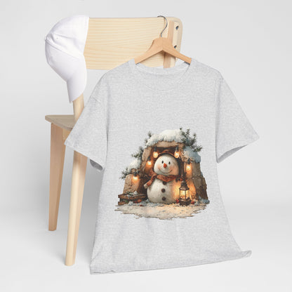 Cozy Lantern Snowman Shirt - Rustic Christmas Snowman with String Lights Tee, Winter Cabin Aesthetic T-Shirt, Cute Holiday Gift