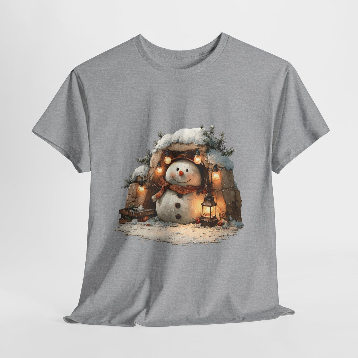Cozy Lantern Snowman Shirt - Rustic Christmas Snowman with String Lights Tee, Winter Cabin Aesthetic T-Shirt, Cute Holiday Gift
