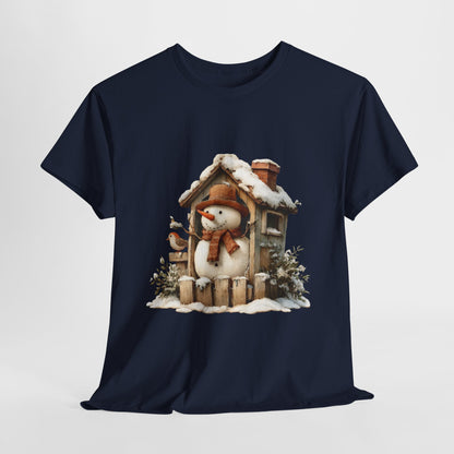 Cabin Porch Snowman Shirt - Rustic Snowman in Little House with Bird Tee, Cozy Winter Christmas T-Shirt