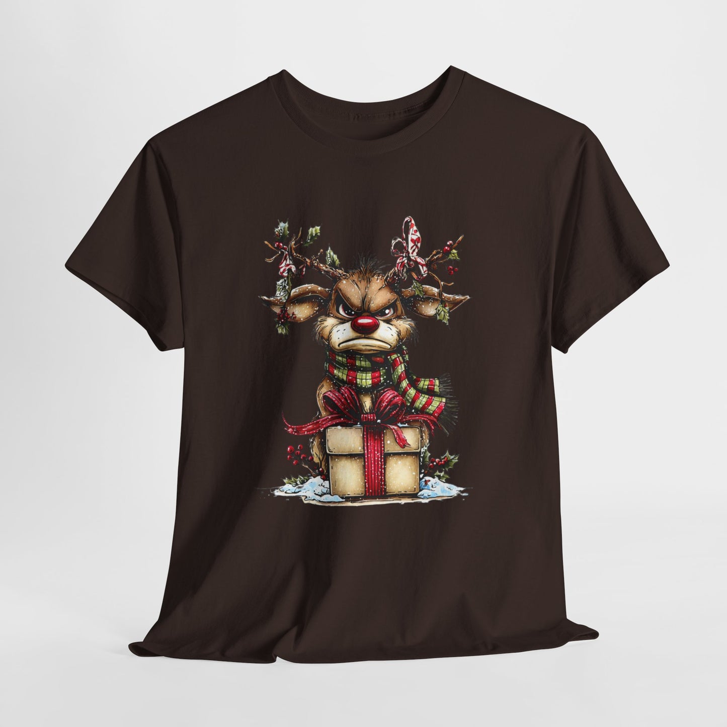 Grumpy Red-Nose Reindeer Shirt - Funny Christmas Reindeer with Gift & Plaid Scarf Tee, Sarcastic Holiday T-Shirt, Cozy Winter Gift