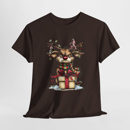 Grumpy Red-Nose Reindeer Shirt - Funny Christmas Reindeer with Gift & Plaid Scarf Tee, Sarcastic Holiday T-Shirt, Cozy Winter Gift