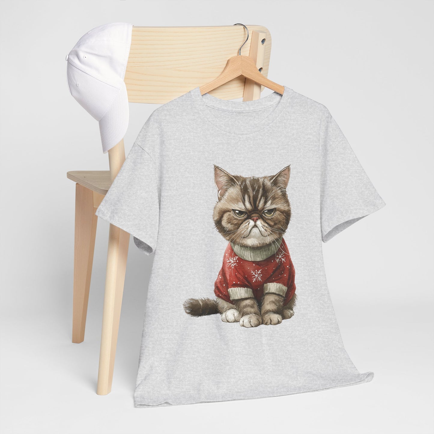 Christmas Grumpy Cat Shirt - Funny Moody Kitty in Red Snowflake Sweater Tee, Cute Winter Watercolor T-Shirt, Holiday Gift for Cat Lovers