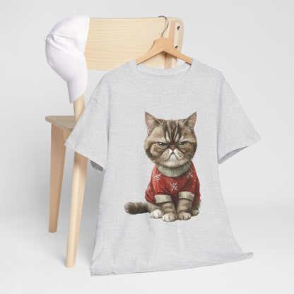 Christmas Grumpy Cat Shirt - Funny Moody Kitty in Red Snowflake Sweater Tee, Cute Winter Watercolor T-Shirt, Holiday Gift for Cat Lovers