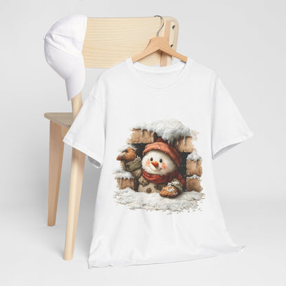 Peeking Snowman Window Shirt - Cute Snowy Brick Window Snowman Tee, Beanie & Scarf Cozy Christmas T-Shirt, Rustic Holiday Gift