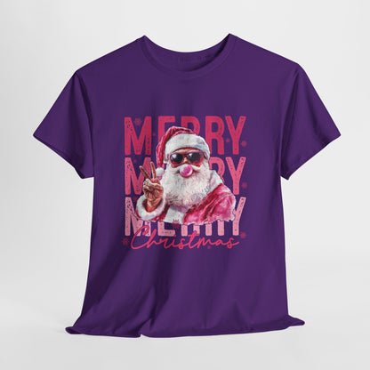 Cool Santa Bubblegum Shirt - Pink Merry Christmas Aesthetic Tee, Retro Peace Sign Santa T-Shirt, Funny Holiday Gift for Women & Men
