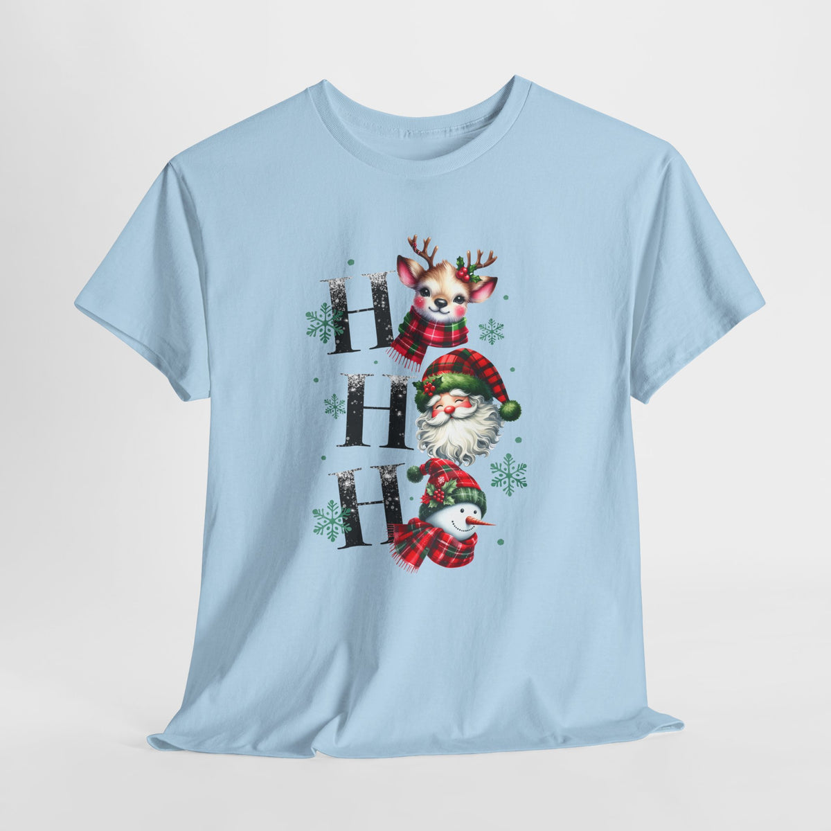 Ho Ho Ho Christmas Shirt - Cute Reindeer, Santa & Snowman Tee, Tartan Plaid Holiday T-Shirt with Snowflakes, Festive Family Matching Gift