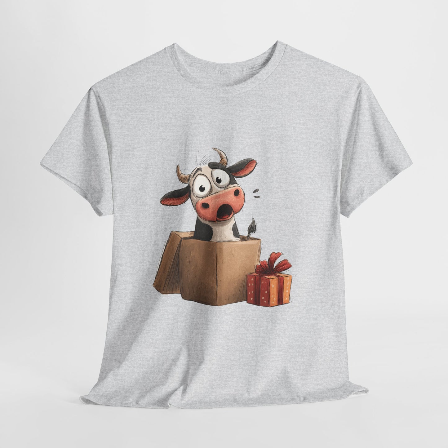 Cow in a Gift Box Shirt - Funny Christmas Surprise Moo Tee, Cute Cartoon Dairy Cow T-Shirt with Present and Bow