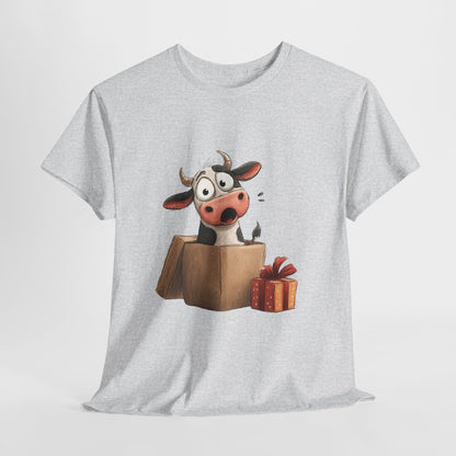 Cow in a Gift Box Shirt - Funny Christmas Surprise Moo Tee, Cute Cartoon Dairy Cow T-Shirt with Present and Bow