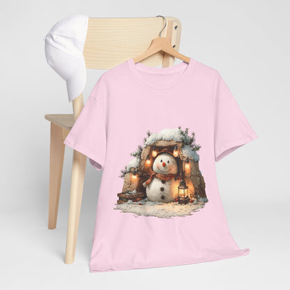Cozy Lantern Snowman Shirt - Rustic Christmas Snowman with String Lights Tee, Winter Cabin Aesthetic T-Shirt, Cute Holiday Gift