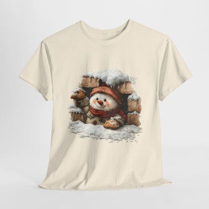 Peeking Snowman Window Shirt - Cute Snowy Brick Window Snowman Tee, Beanie & Scarf Cozy Christmas T-Shirt, Rustic Holiday Gift