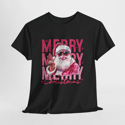 Cool Santa Bubblegum Shirt - Pink Merry Christmas Aesthetic Tee, Retro Peace Sign Santa T-Shirt, Funny Holiday Gift for Women & Men