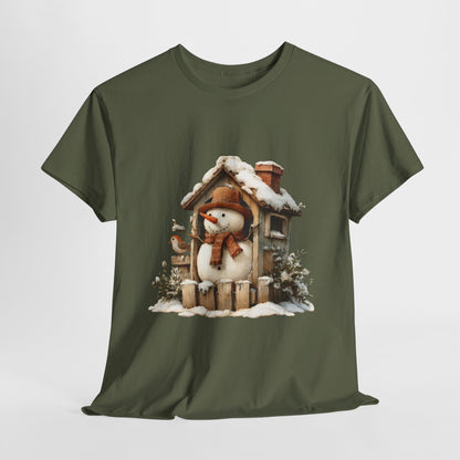 Cabin Porch Snowman Shirt - Rustic Snowman in Little House with Bird Tee, Cozy Winter Christmas T-Shirt