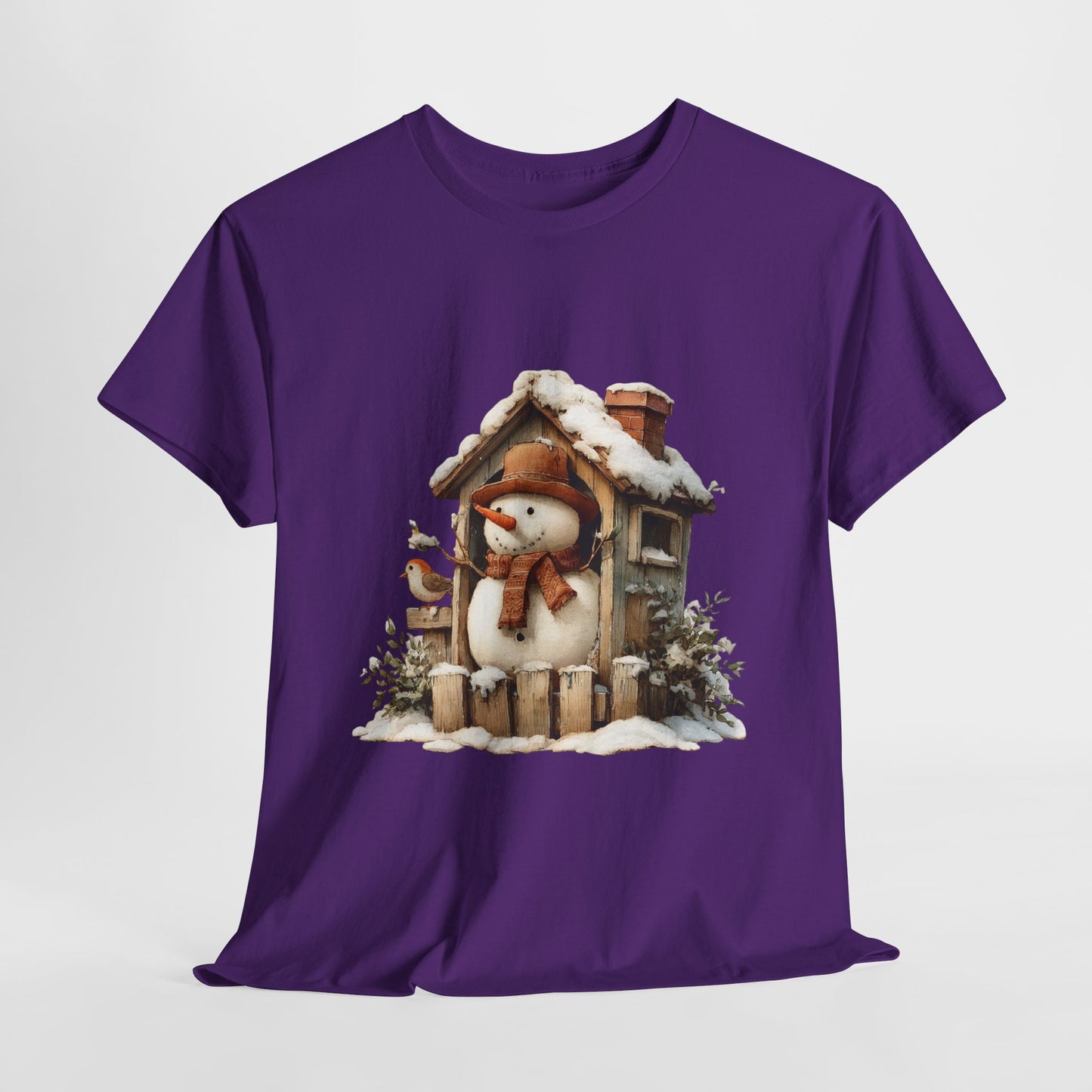 Cabin Porch Snowman Shirt - Rustic Snowman in Little House with Bird Tee, Cozy Winter Christmas T-Shirt