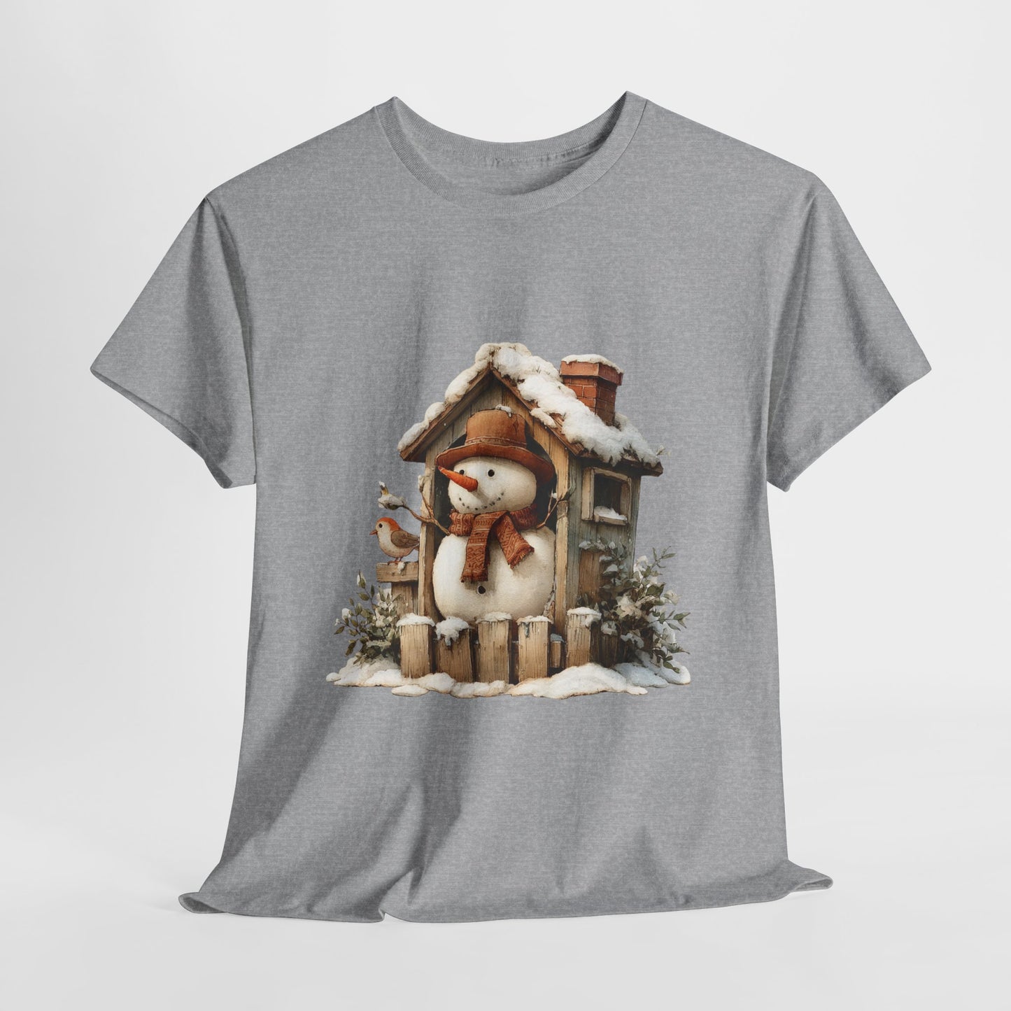 Cabin Porch Snowman Shirt - Rustic Snowman in Little House with Bird Tee, Cozy Winter Christmas T-Shirt