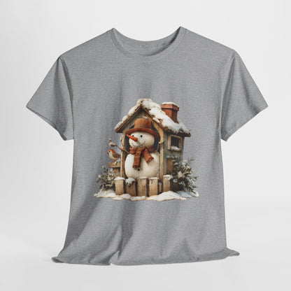 Cabin Porch Snowman Shirt - Rustic Snowman in Little House with Bird Tee, Cozy Winter Christmas T-Shirt
