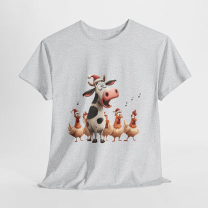 Cow & Chicken Carolers Shirt - Funny Christmas Farm Choir Tee, Singing Santa Hat Animals T-Shirt, Holiday Gift for Men and Women