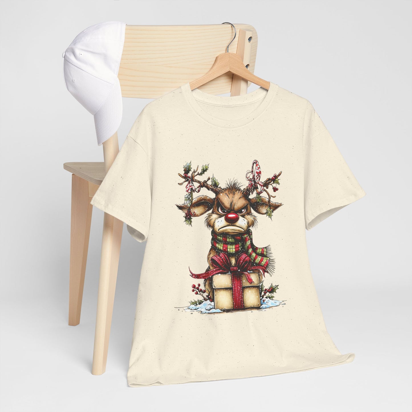 Grumpy Red-Nose Reindeer Shirt - Funny Christmas Reindeer with Gift & Plaid Scarf Tee, Sarcastic Holiday T-Shirt, Cozy Winter Gift