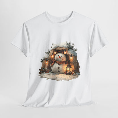 Cozy Lantern Snowman Shirt - Rustic Christmas Snowman with String Lights Tee, Winter Cabin Aesthetic T-Shirt, Cute Holiday Gift