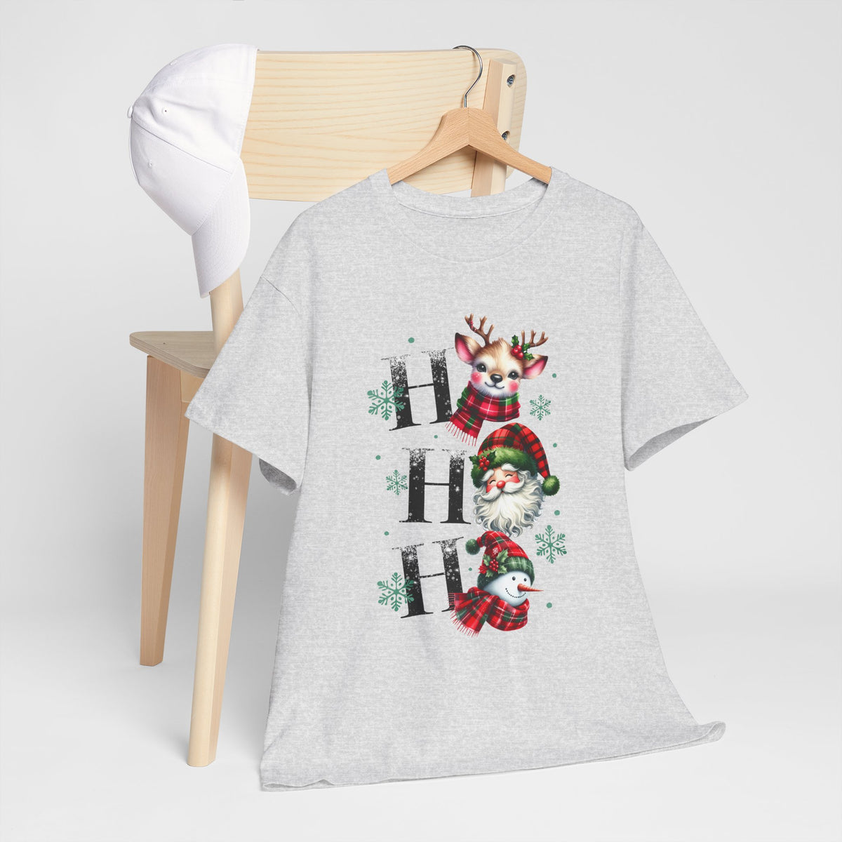 Ho Ho Ho Christmas Shirt - Cute Reindeer, Santa & Snowman Tee, Tartan Plaid Holiday T-Shirt with Snowflakes, Festive Family Matching Gift