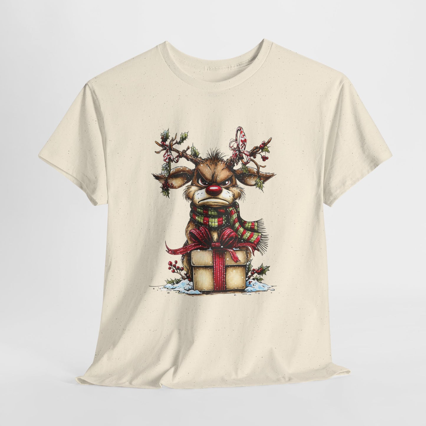 Grumpy Red-Nose Reindeer Shirt - Funny Christmas Reindeer with Gift & Plaid Scarf Tee, Sarcastic Holiday T-Shirt, Cozy Winter Gift