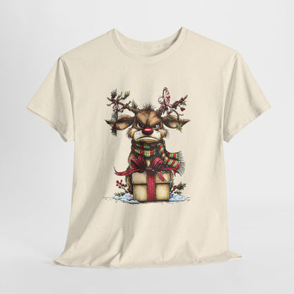 Grumpy Red-Nose Reindeer Shirt - Funny Christmas Reindeer with Gift & Plaid Scarf Tee, Sarcastic Holiday T-Shirt, Cozy Winter Gift