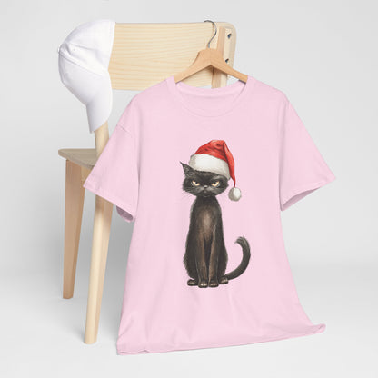 Christmas Black Cat Shirt - Funny Moody Kitty in Santa Hat Tee, Watercolor Holiday T-Shirt, Sarcastic Xmas Gift for Cat Lovers Men & Women