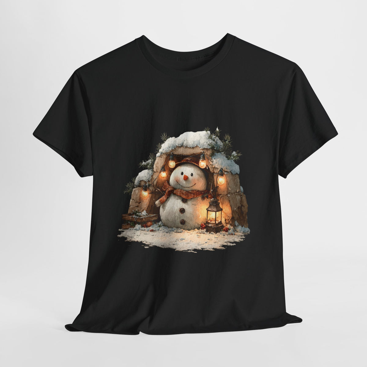 Cozy Lantern Snowman Shirt - Rustic Christmas Snowman with String Lights Tee, Winter Cabin Aesthetic T-Shirt, Cute Holiday Gift
