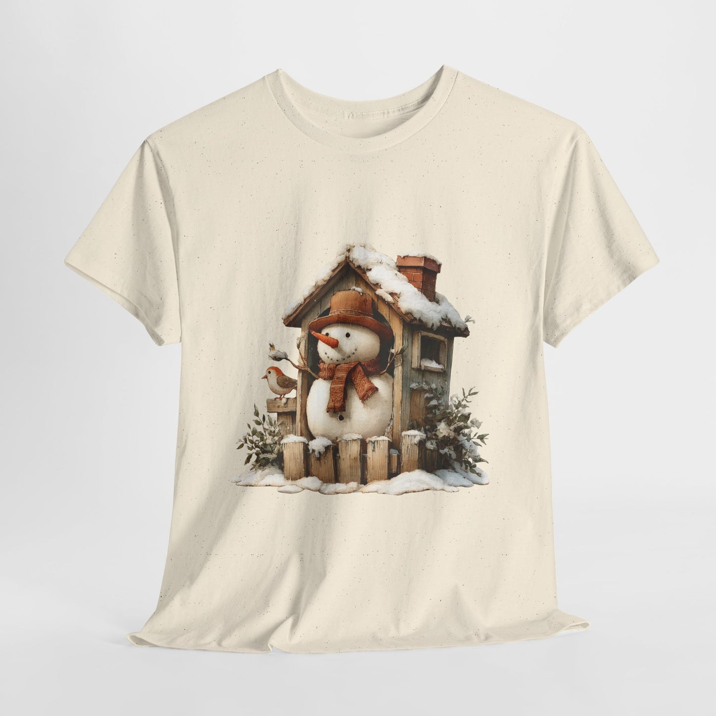 Cabin Porch Snowman Shirt - Rustic Snowman in Little House with Bird Tee, Cozy Winter Christmas T-Shirt