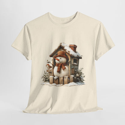 Cabin Porch Snowman Shirt - Rustic Snowman in Little House with Bird Tee, Cozy Winter Christmas T-Shirt