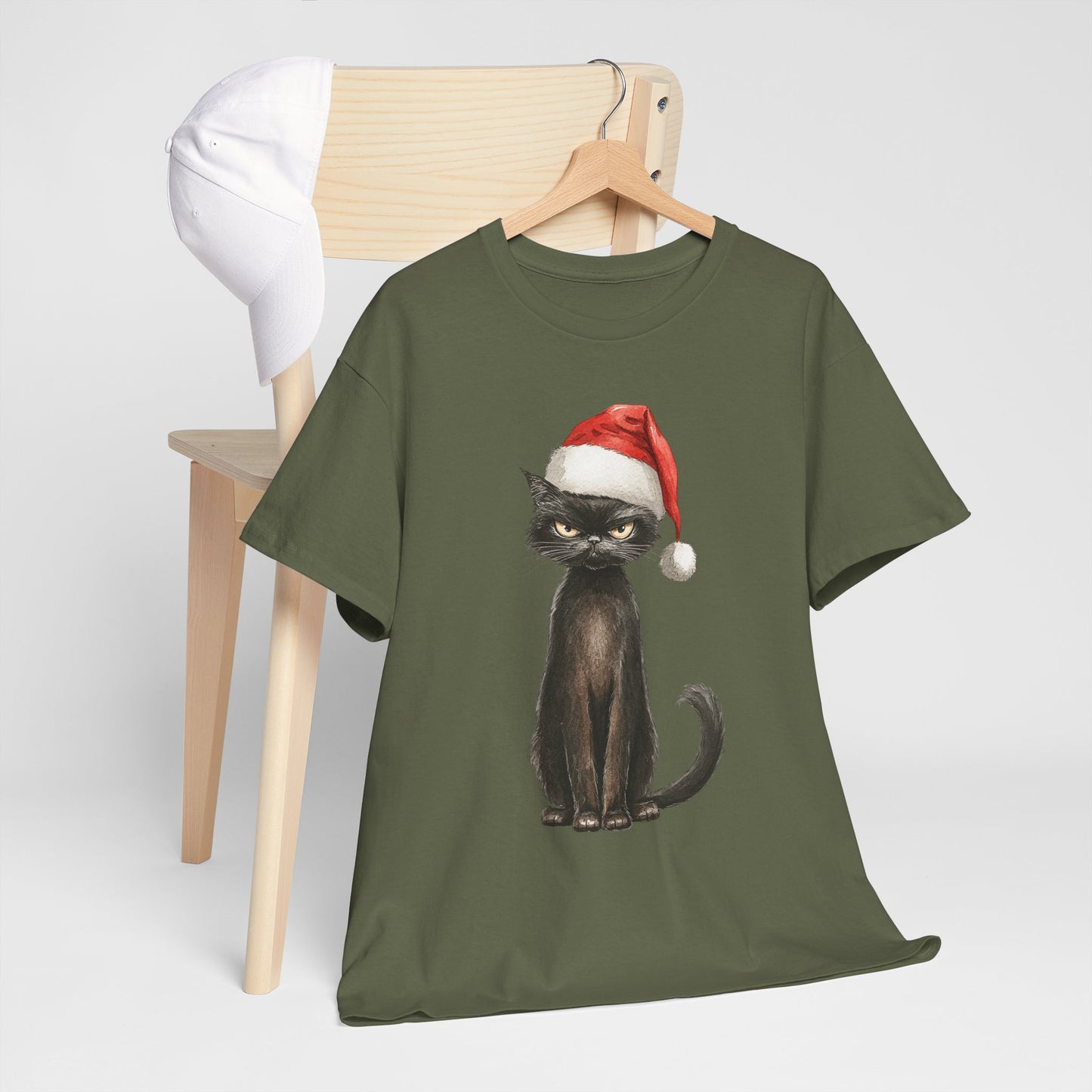 Christmas Black Cat Shirt - Funny Moody Kitty in Santa Hat Tee, Watercolor Holiday T-Shirt, Sarcastic Xmas Gift for Cat Lovers Men & Women