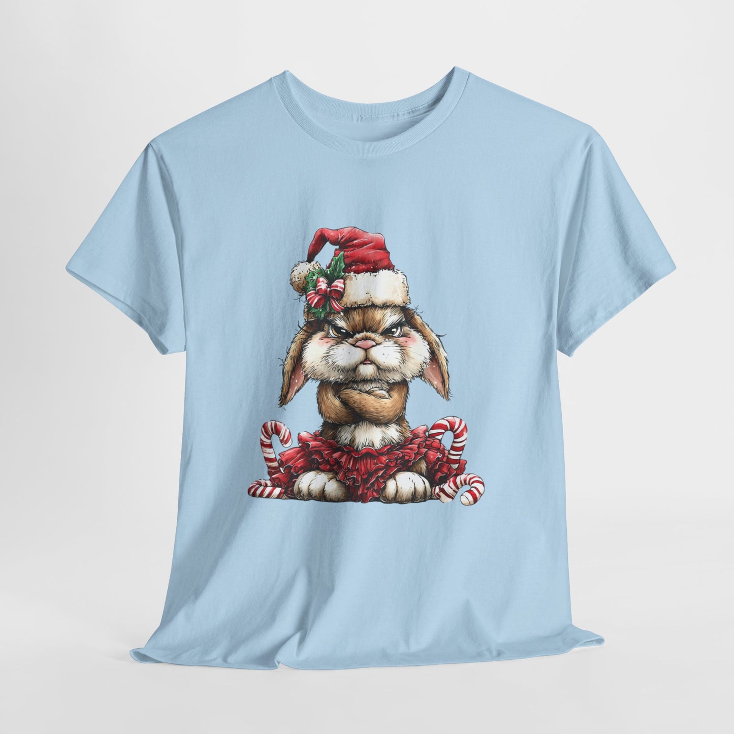 Grumpy Christmas Bunny Shirt - Funny Santa Hat Rabbit in Red Tutu Tee, Candy Cane Holiday T-Shirt, Cute Sarcastic Gift for Women & Men