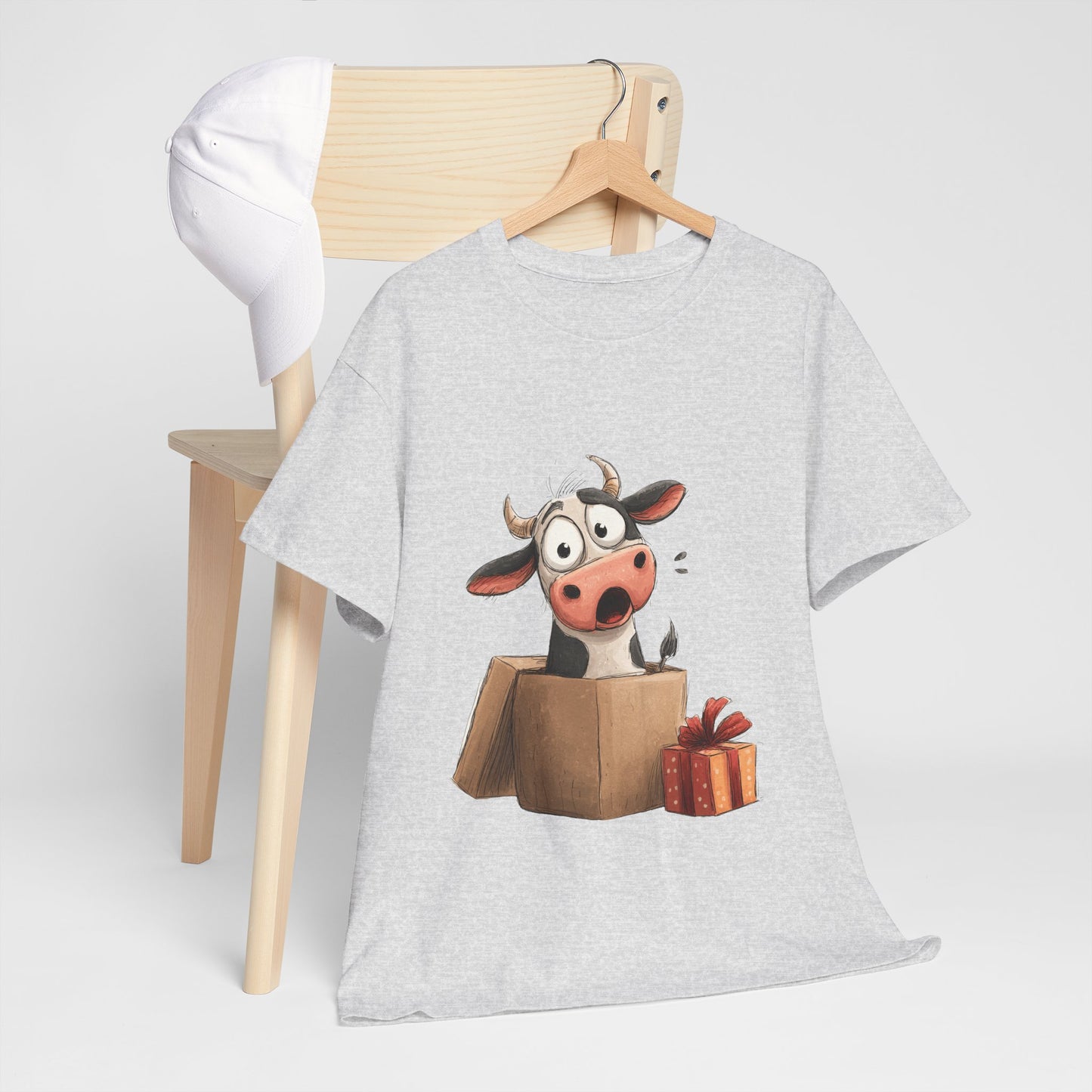 Cow in a Gift Box Shirt - Funny Christmas Surprise Moo Tee, Cute Cartoon Dairy Cow T-Shirt with Present and Bow