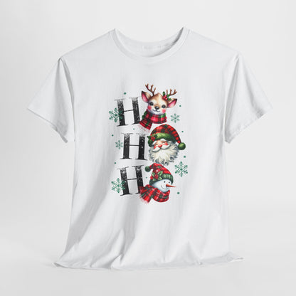 Ho Ho Ho Christmas Shirt - Cute Reindeer, Santa & Snowman Tee, Tartan Plaid Holiday T-Shirt with Snowflakes, Festive Family Matching Gift