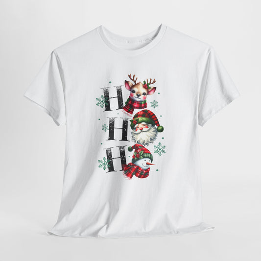 Ho Ho Ho Christmas Shirt - Cute Reindeer, Santa & Snowman Tee, Tartan Plaid Holiday T-Shirt with Snowflakes, Festive Family Matching Gift