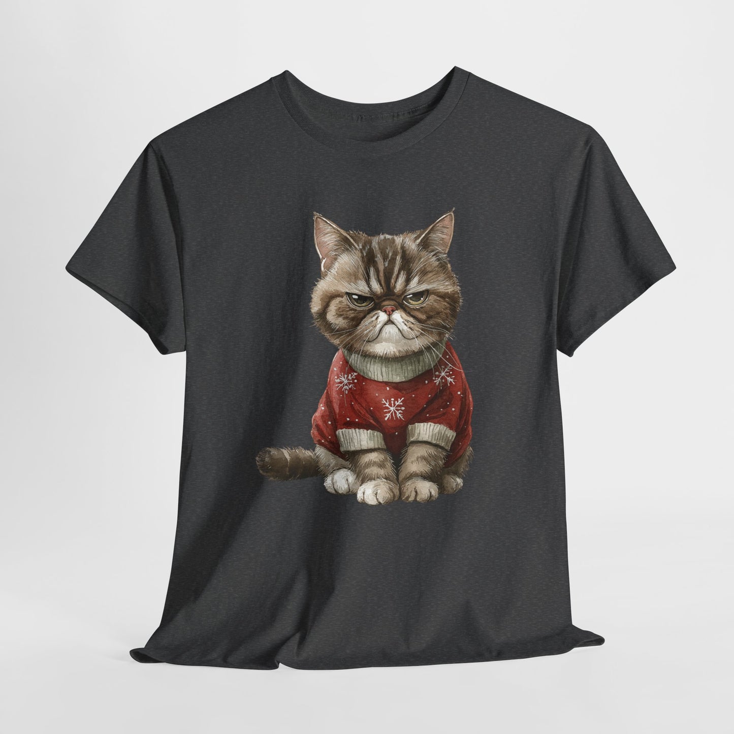 Christmas Grumpy Cat Shirt - Funny Moody Kitty in Red Snowflake Sweater Tee, Cute Winter Watercolor T-Shirt, Holiday Gift for Cat Lovers