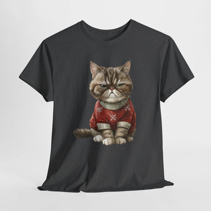 Christmas Grumpy Cat Shirt - Funny Moody Kitty in Red Snowflake Sweater Tee, Cute Winter Watercolor T-Shirt, Holiday Gift for Cat Lovers