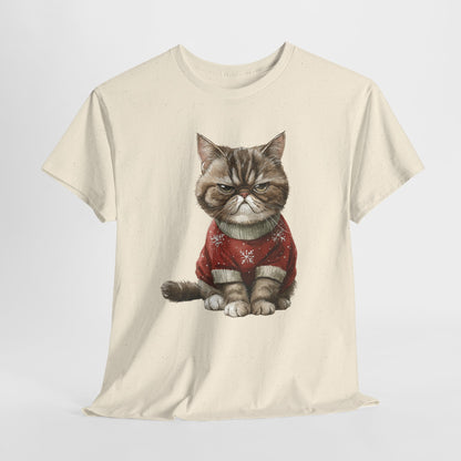 Christmas Grumpy Cat Shirt - Funny Moody Kitty in Red Snowflake Sweater Tee, Cute Winter Watercolor T-Shirt, Holiday Gift for Cat Lovers
