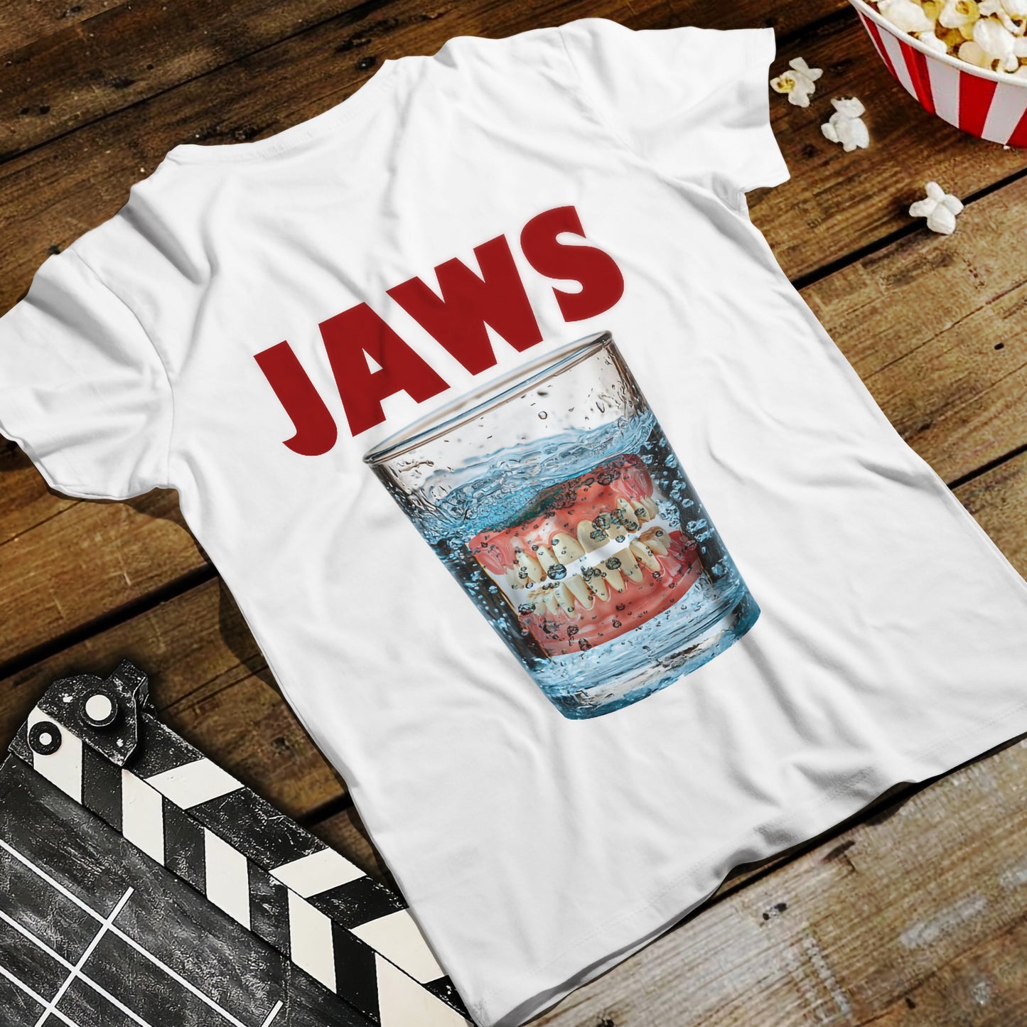"Jaws" - parodia z protezą w szklance wody