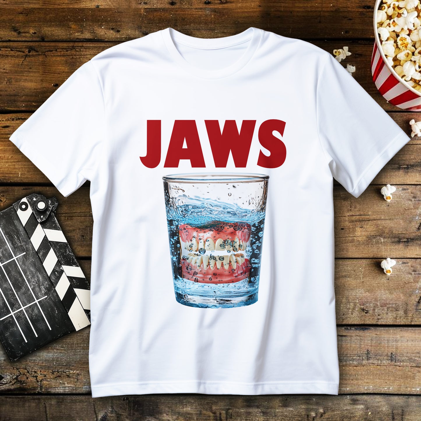 koszulka z nadrukiem JAWS, szklanka wody z zanurzonymi sztucznymi zębami i bąbelkami