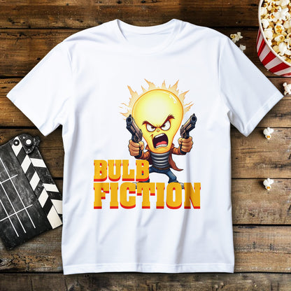 Koszulka z nadrukiem BULB FICTION, wściekła żarówka z płomieniami trzymająca dwa pistolety, komiksowa grafika