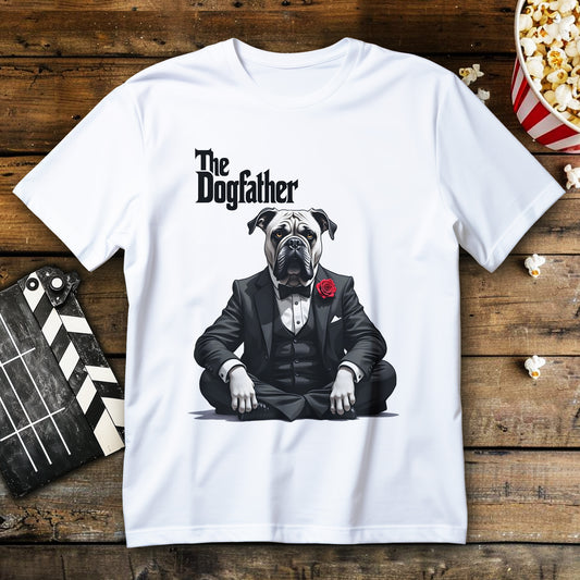koszulka z nadrukiem The Dogfather, pies w smokingu z czerwona roza na klapie, ilustracja na czarnym tle
