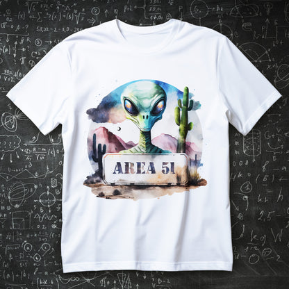 koszulka z nadrukiem AREA 51, zielony kosmita w akwarelowym stylu na pustyni z kaktusami i tablicą