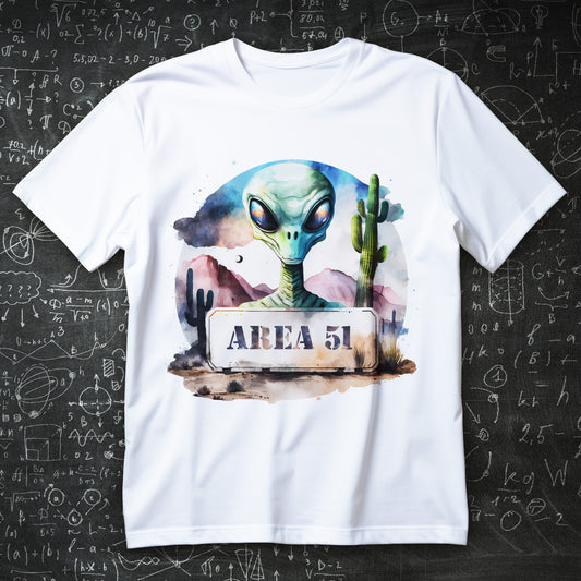 koszulka z nadrukiem AREA 51, zielony kosmita w akwarelowym stylu na pustyni z kaktusami i tablicą